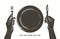 Vector hands holding a knife and fork, plate on a table. Fasting, starvation, diet, weight loss, healthy eating concept