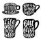Vector handwritten coffee phrases set. Coffee quotes typography in cup shape. Calligraphy or lettering illustrations.