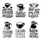 Vector handwritten coffee phrases set. Quotes typography with cups and kettles images. Calligraphy illustrations.
