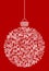 Vector hanging abstract Christmas ball consisting of gift box icons on red background.