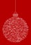 Vector hanging abstract Christmas ball consisting of line snowflake icons on red background.