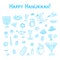 Vector Hanukkah hand drawn doodle set. Jewish holiday cute contour objects. Menorah, dreidel, jug, candles, doughnuts