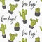 Vector happy cactus print. Cool kids design with succulents. Free hugs cacti decoration. Kawaii doodle cartoon