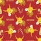 Vector Happy Chinese New Year of the Ox seamless pattern background. Cute kawaii bull holding a lucky narcissus flower