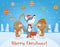 Vector Happy Christmas card with cute Wolf and rabbits friends sing songs together. Merry Christmas.