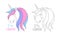 Vector happy cute unicorn isolated on white background. Head portrait horse, outline,