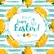 Vector Happy Easter greeting card. Yellow dandelion pattern, Trendy striped blue background. All objects are editable