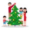 Vector happy family decorates Christmas tree