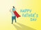 Vector of happy father`s day greeting card. Dad in superhero`s costume giving son ride on shoulder with text happy father`s day