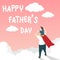 Vector of happy father`s day greeting card. Dad in superhero`s costume giving son ride on shoulder with text happy father`s day