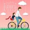 Vector of happy father`s day greeting card. father biking bicycle with his son ride on a pillion, riding in the grass field