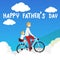 Vector of happy father`s day greeting card. father biking bicycle with his son ride on a pillion, riding over the white cloud