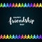 Vector happy friendship day banner. White text on blackboard background with rainbow colored paper people. Holiday design for web