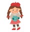 Vector happy girl with long brown hair in plaits holding a mug with hot drink. Cute winter kid illustration