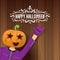 Vector Happy halloween creative hipster party background. man in halloween costume with carved pumpkin head