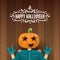 Vector Happy halloween creative hipster party background. man in halloween costume with carved pumpkin head