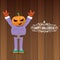 Vector Happy halloween creative hipster party background. man in halloween costume with carved pumpkin head