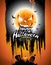 Vector Happy Halloween illustration with black sky and pumpkin moon on orange background.