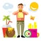 Vector Happy hipster man with hamburger. Flat style colorful Cartoon illustration.