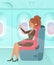 Vector of a happy passenger woman sitting in a comfortable chair in business class