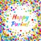 Vector Happy Purim carnival text with colorful rainbow colors paper confetti frame background. Purim Jewish holiday.