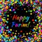 Vector Happy Purim carnival text with colorful rainbow colors paper shiny confetti frame isolated on black background.