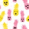 Vector happy smiling pineapples characters seamless pattern background. Great for summer design projects, fabric