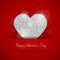 Vector Happy Valentine`s Day greeting card with sparkling glitter silver textured heart on red background