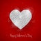 Vector Happy Valentine`s Day greeting card with sparkling glitter silver textured heart on red background