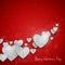 Vector Happy Valentine`s Day greeting card with sparkling glitter silver textured hearts on red background