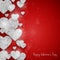 Vector Happy Valentine`s Day greeting card with sparkling glitter silver textured hearts on red background
