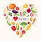 Vector harvest illustration with fresh organic vegetables on heart shape background
