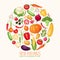 Vector harvest illustration with fresh organic vegetables on round shape background