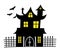 Vector Haunted House and bats simple illustration for Halloween. Black groovy house with yellowe light in the windows