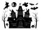 Vector haunted house black and white illustration set. Halloween silhouette elements of spooky cottage, big moon, ghost, bats,