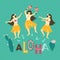 Vector hawaii illustration. Summer background with dancing girls and lettering - ALOHA.