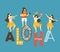Vector hawaii illustration. Summer background with dancing girls, men playing ukulele and text - ALOHA . Bright design.