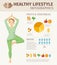 Vector healthy Lifestyle design food elements and woman character doing yoga.