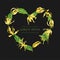Vector heart shape wreath with ylang ylang flowers. Floral illustration with yellow tropical flowers on a black  background