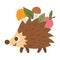 Vector hedgehog carrying mushrooms and apple.