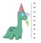Vector height wall chart decorated with cartoon dinosaur - brontosaurus or diplodocus in party hat and funny glasses - and scale.