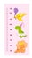 Vector height wall chart for girls decorated with cartoon dinosaurs - triceratops, tyrannosaurus, pterodactylus, stegosaurus - and