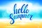 Vector hello summer background. Hello summer vector illustration on blurred background with sun rays. Hello summer lettering. Hell