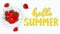 Vector Hello Summer horizontal banner with sweet strawberries.