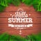 Vector Hello Summer typographic illustration with tropical plants on light blue background.