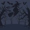 Vector helloween illustration with spooky forest and silhouette witch and bats