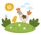 Vector hen with baby chicken on lawn under the sun. Cute cartoon family scene illustration for kids. Farm birds on nature