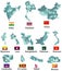 Vector high detailed maps and flags of east asian countries with administrative divisions regions borders
