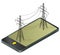 Vector high voltage pylons in mobile phone, isometric perspective.