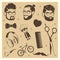 Vector hipster elements set - male heads, scissors